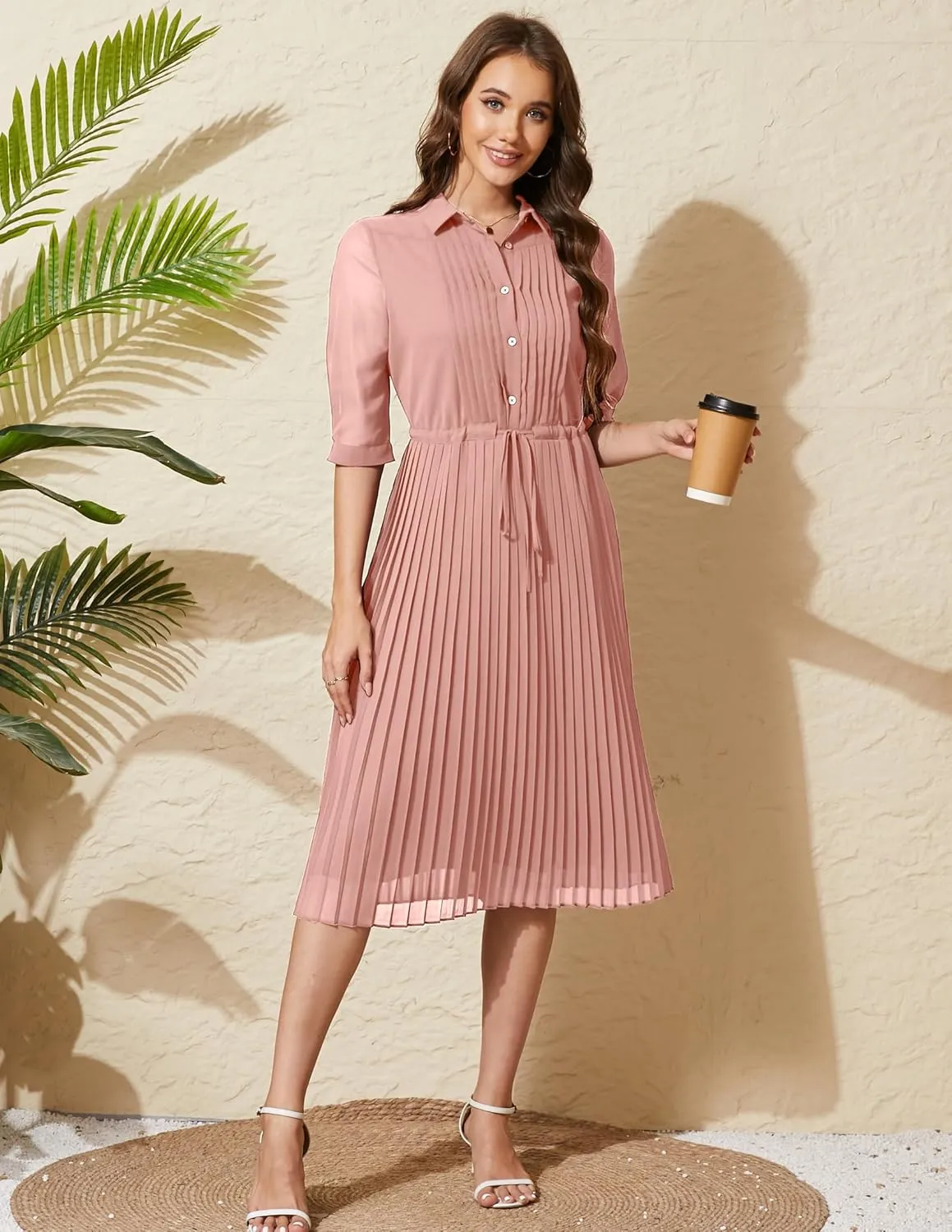 Women V Neck 3/4 Sleeve Pleated A-Line Dress with Belt Swing Midi Dresses for Spring Summer Autumn