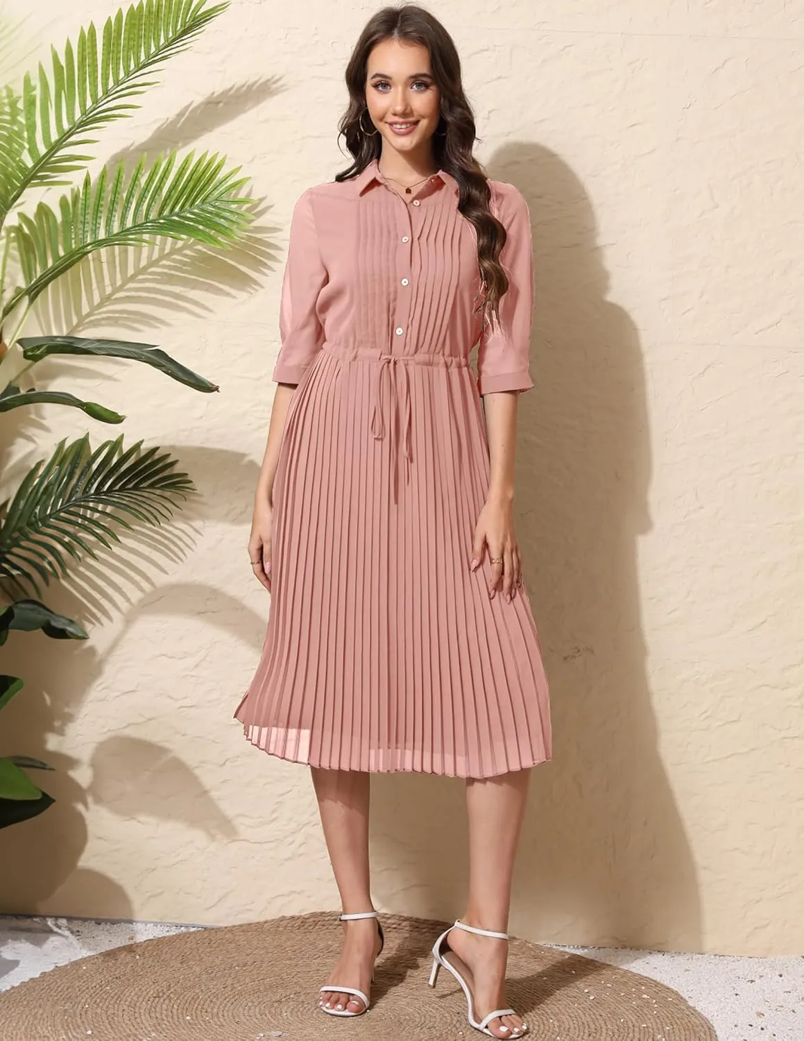 Women V Neck 3/4 Sleeve Pleated A-Line Dress with Belt Swing Midi Dresses for Spring Summer Autumn