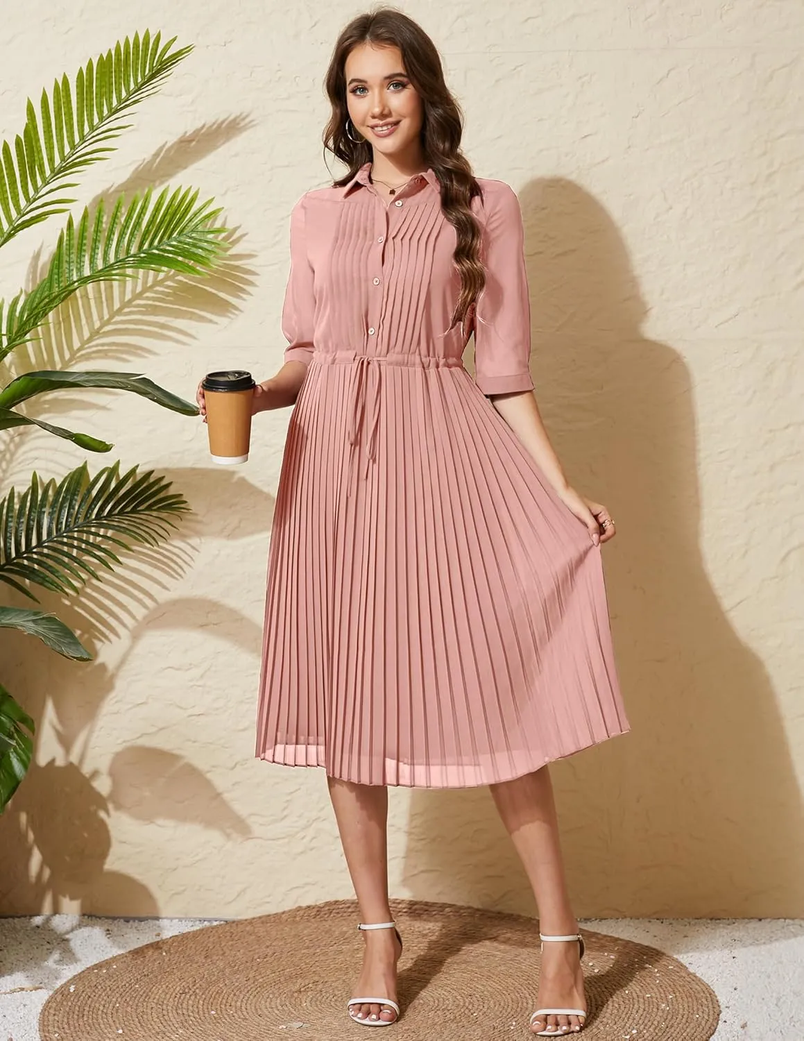 Women V Neck 3/4 Sleeve Pleated A-Line Dress with Belt Swing Midi Dresses for Spring Summer Autumn