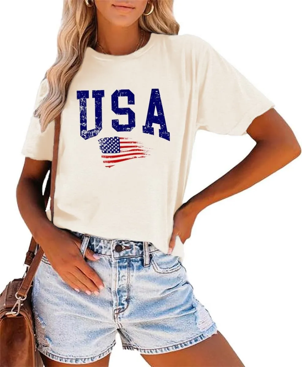 Women's 4th of July Independence Day T-Shirt Summer 1776 USA America Memorial Day Graphic Tees Tops