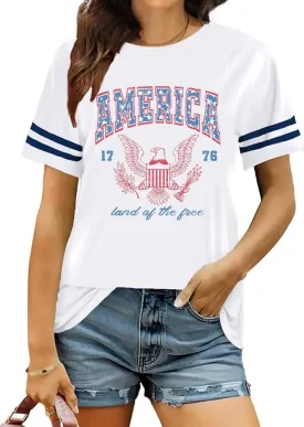 Women's 4th of July Independence Day T-Shirt Summer 1776 USA America Memorial Day Graphic Tees Tops