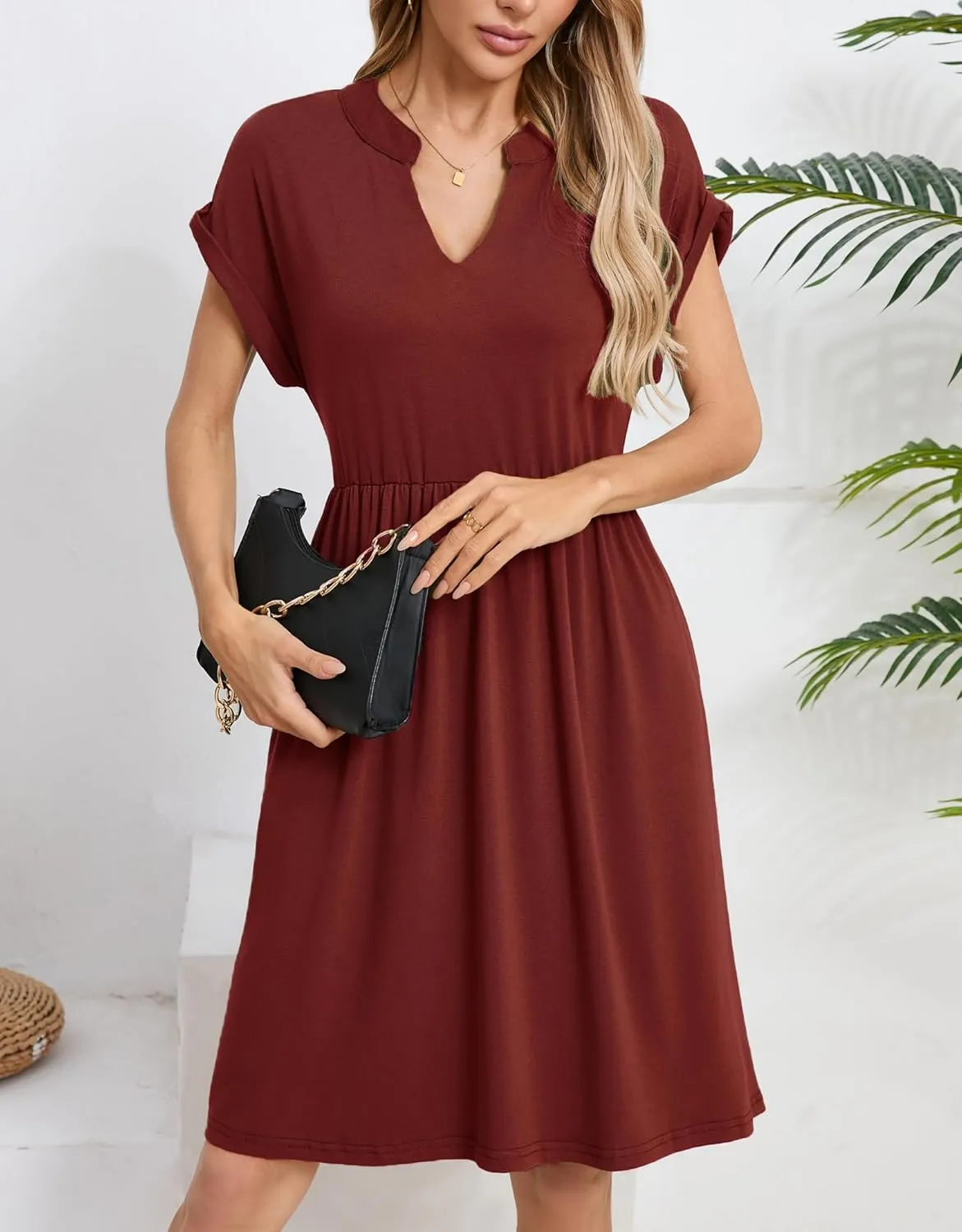 Womens Casual Midi Dress Short Sleeve Solid Color Summer Dresses with Pockets