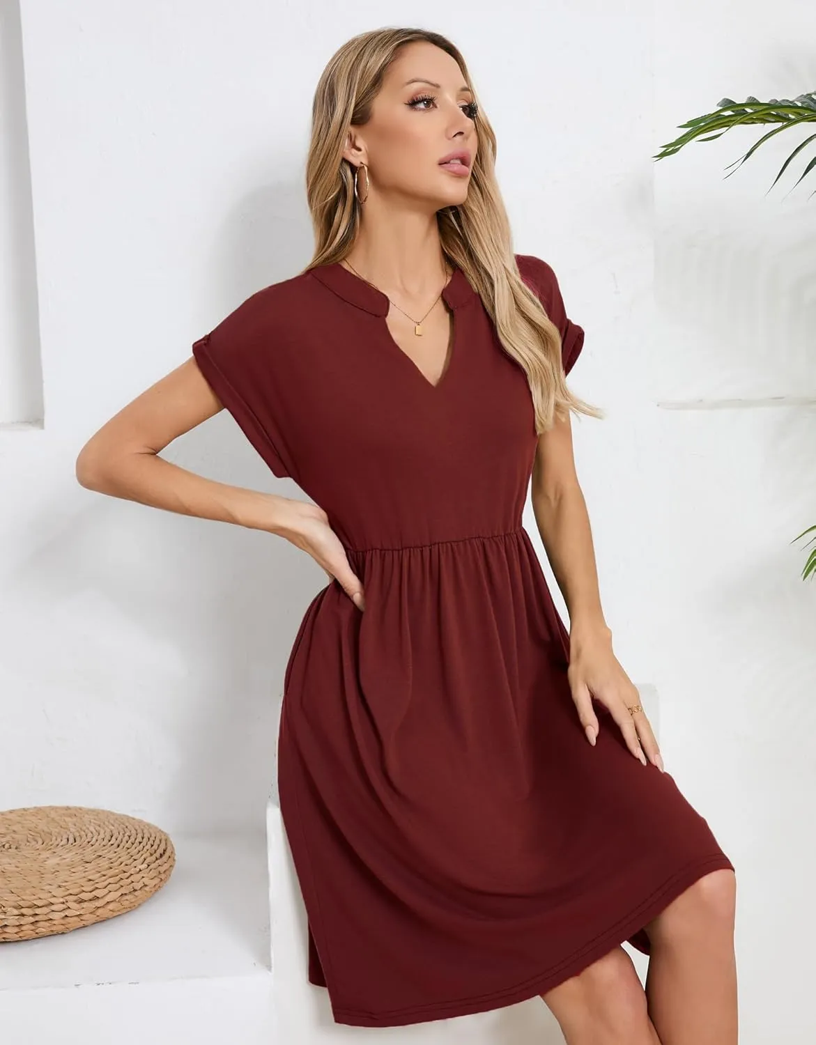 Womens Casual Midi Dress Short Sleeve Solid Color Summer Dresses with Pockets