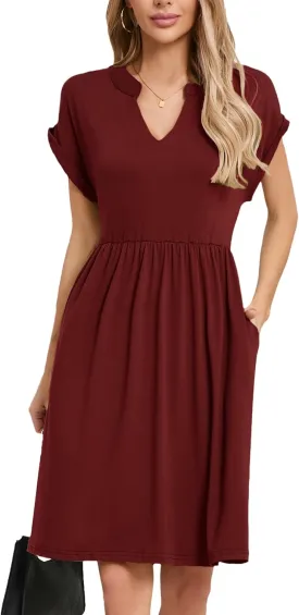 Womens Casual Midi Dress Short Sleeve Solid Color Summer Dresses with Pockets