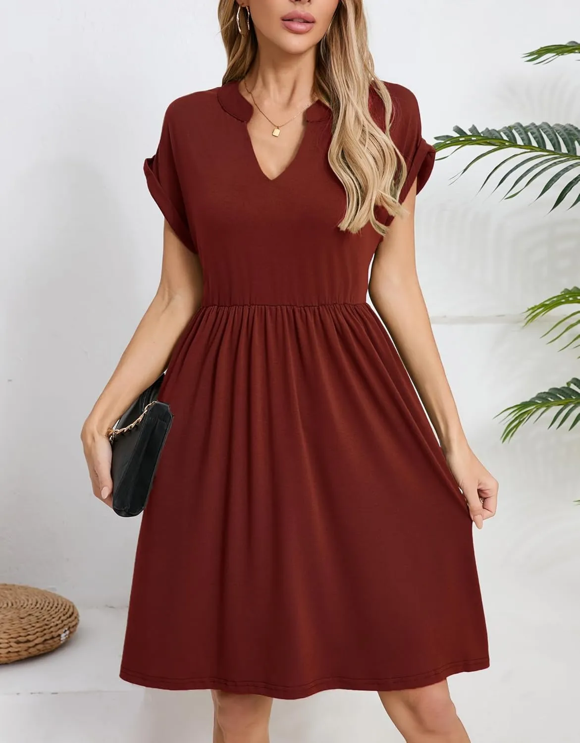 Womens Casual Midi Dress Short Sleeve Solid Color Summer Dresses with Pockets