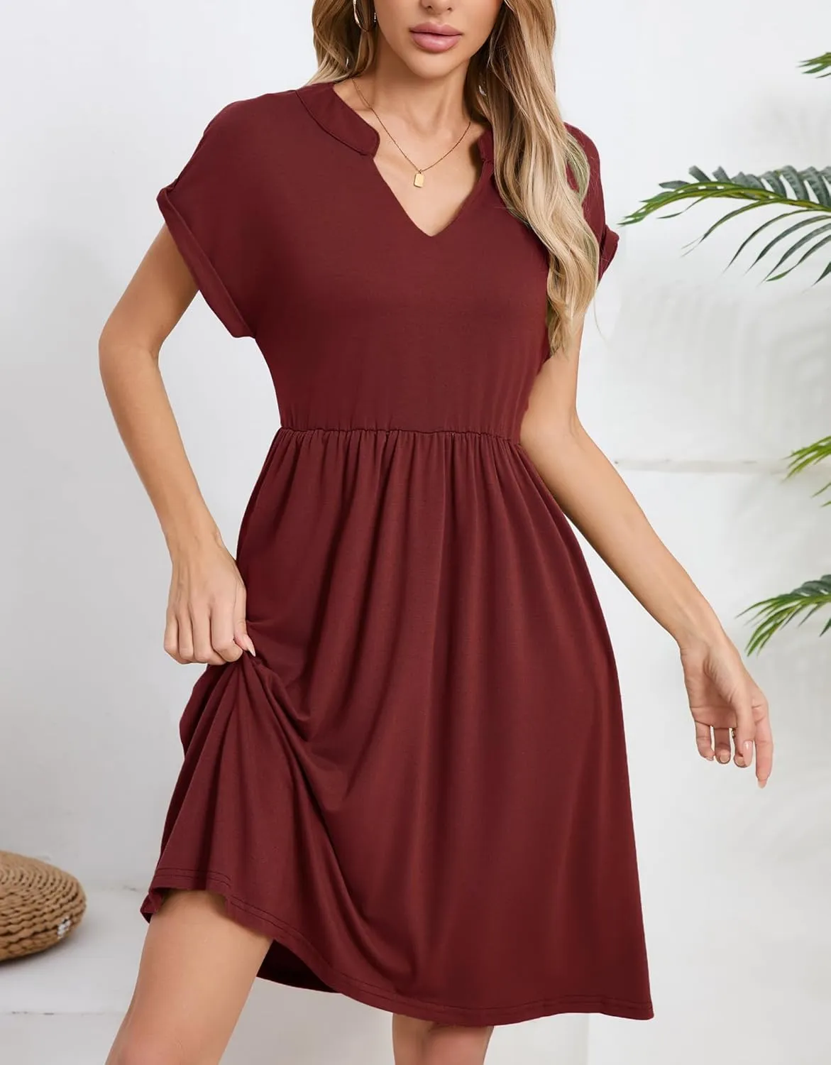 Womens Casual Midi Dress Short Sleeve Solid Color Summer Dresses with Pockets
