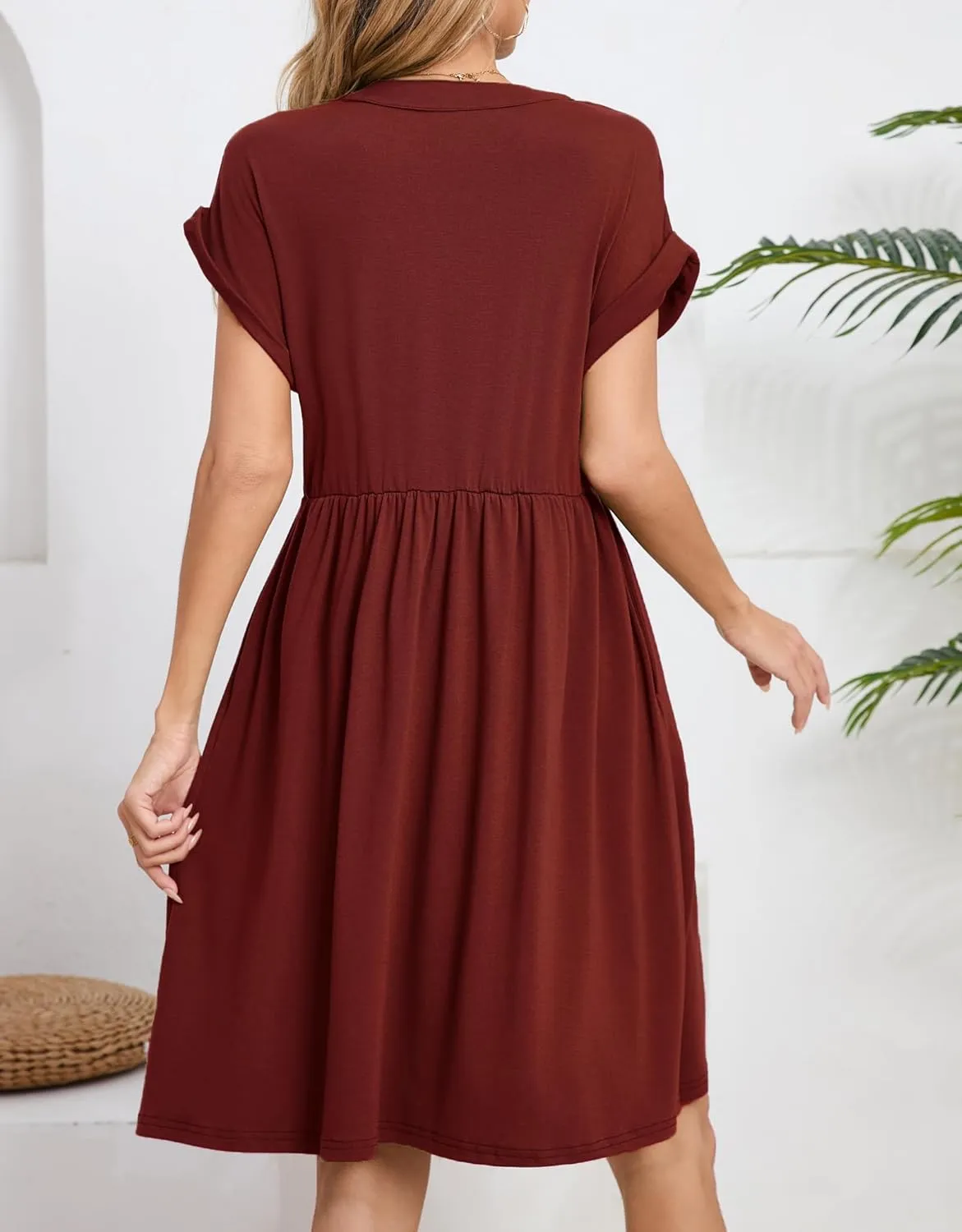Womens Casual Midi Dress Short Sleeve Solid Color Summer Dresses with Pockets