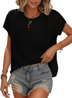 Womens Summer Crochet Tops Hollow Out Cap Sleeve Cover Up Tank Top Pullover Sweater Vest Beach Vacation Clothes